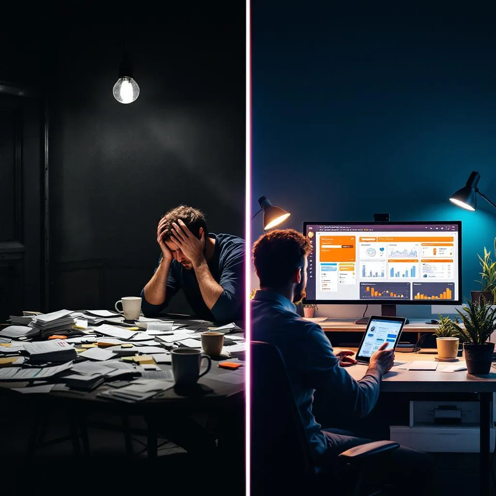 Split scene: a contractor buried in invoices under a single bulb at 9 PM, versus the same evening spent calmly reviewing one dashboard