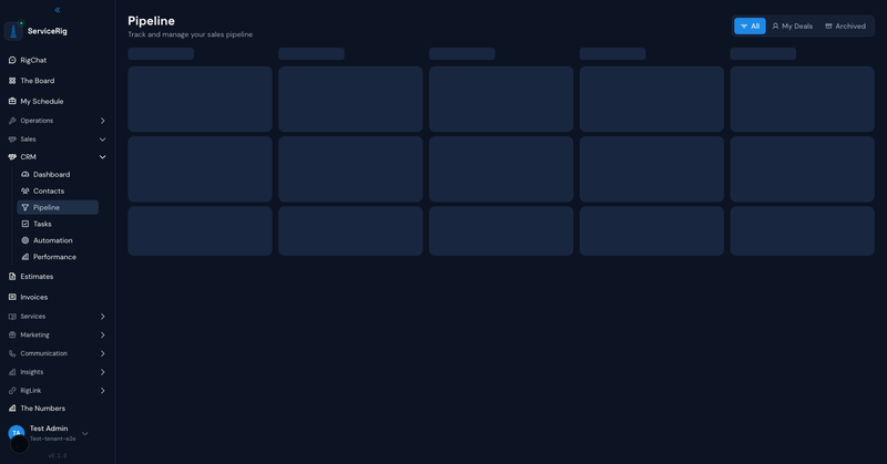 ServiceRig CRM Kanban — pipeline view with lead cards and stage tracking