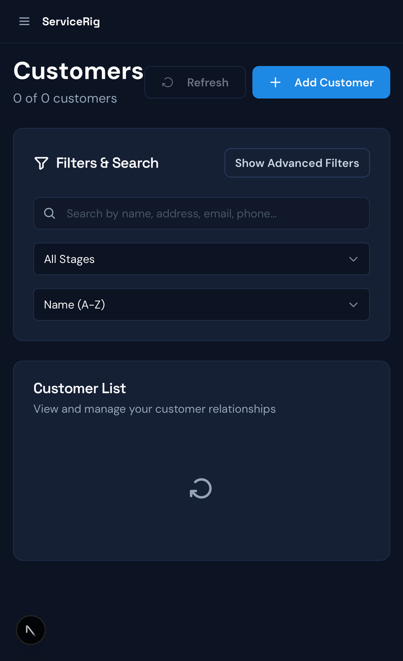 ServiceRig CRM Contacts — customer interaction timeline and history