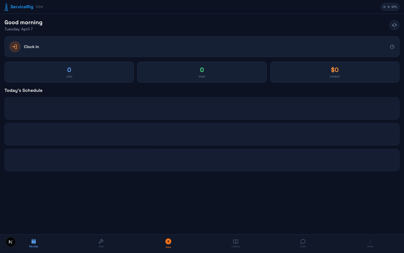 ServiceRig Mobile — My Day view with today's job queue and route planning