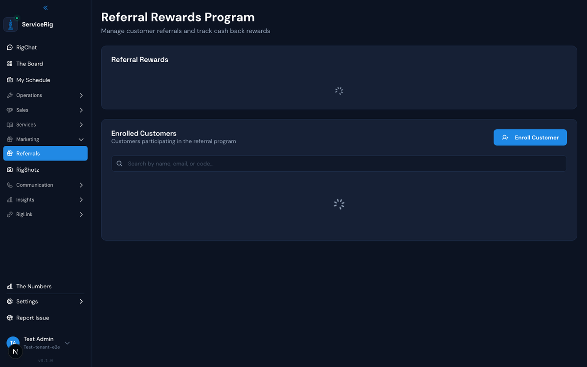ServiceRig Referral Program Dashboard — cash-back tier tracking and referral performance