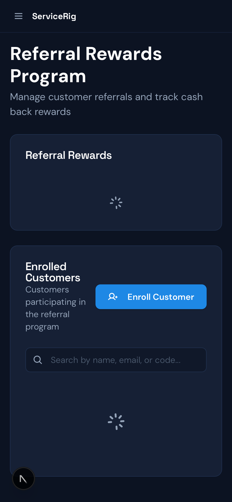 ServiceRig Referrals — dashboard showing active referral profiles and cash-back earnings