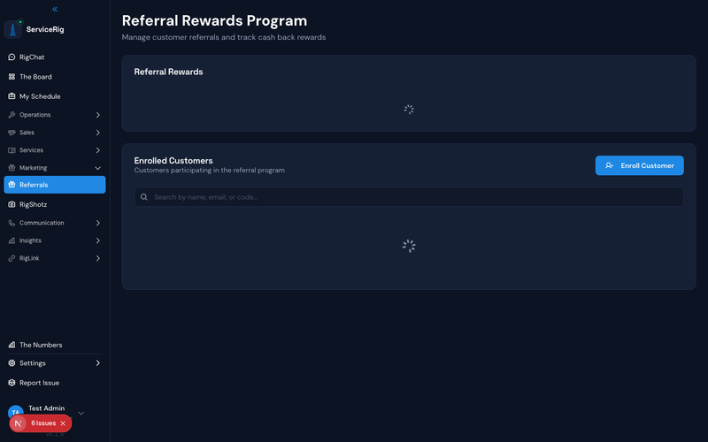 ServiceRig Referral Tracking — cash-back earned and referral pipeline performance