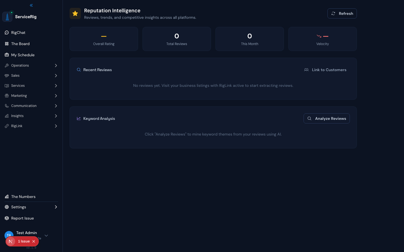 ServiceRig Reputation Dashboard — automated review request sequences and rating tracking
