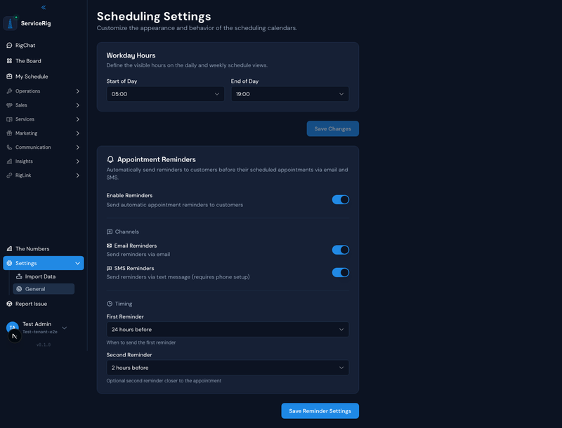 ServiceRig Scheduling Settings — tech availability and service area configuration